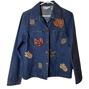 Vintage Sara Studio Denim Jacket Women's Medium Embroidered Leaves Fall